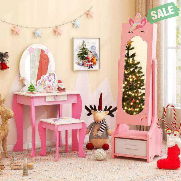 Kids Jewelry Cabinet with Full-Length Mirror for Kids Bedroom and Playroom-Pink Pink Kids Vanities