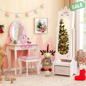 Kids Jewelry Cabinet with Full-Length Mirror for Kids Bedroom and Playroom-Pink Pink Kids Vanities