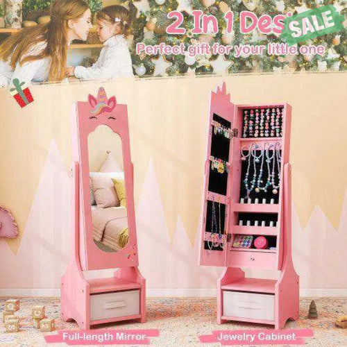 Kids Jewelry Cabinet with Full-Length Mirror for Kids Bedroom and Playroom-Pink Pink Kids Vanities