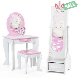Kids Jewelry Cabinet with Full-Length Mirror for Kids Bedroom and Playroom-Pink Pink Kids Vanities