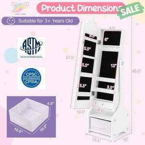 Kids Jewelry Cabinet with Full-Length Mirror for Kids Bedroom and Playroom-Pink Pink Kids Vanities