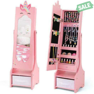 Kids Jewelry Cabinet with Full-Length Mirror for Kids Bedroom and Playroom-Pink Pink Kids Vanities
