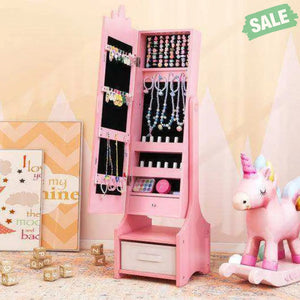 Kids Jewelry Cabinet with Full-Length Mirror for Kids Bedroom and Playroom-Pink Pink Kids Vanities