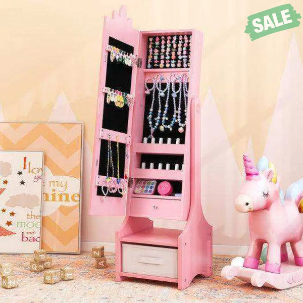Kids Jewelry Cabinet with Full-Length Mirror for Kids Bedroom and Playroom-Pink Pink Kids Vanities