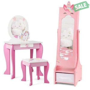 Kids Jewelry Cabinet with Full-Length Mirror for Kids Bedroom and Playroom-Pink Pink Kids Vanities