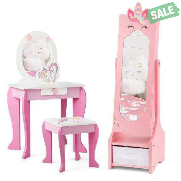 Kids Jewelry Cabinet with Full-Length Mirror for Kids Bedroom and Playroom-Pink Pink Kids Vanities