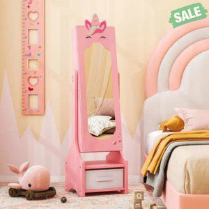 Kids Jewelry Cabinet with Full-Length Mirror for Kids Bedroom and Playroom-Pink Pink Kids Vanities