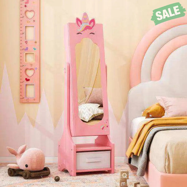 Kids Jewelry Cabinet with Full-Length Mirror for Kids Bedroom and Playroom-Pink Pink Kids Vanities
