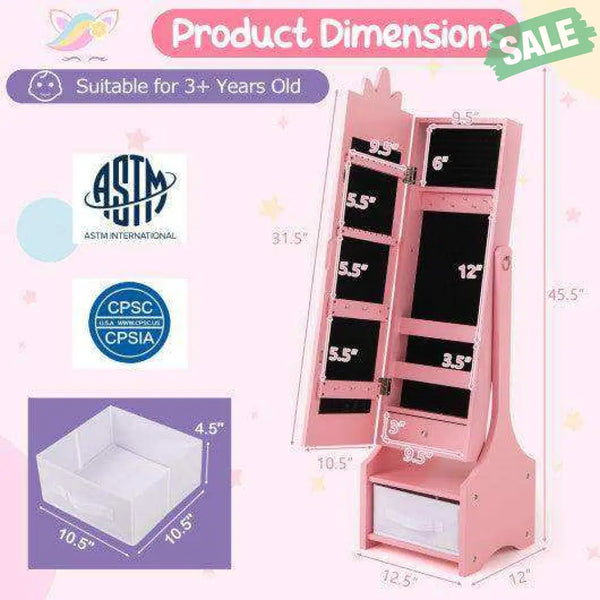 Kids Jewelry Cabinet with Full-Length Mirror for Kids Bedroom and Playroom-Pink Pink Kids Vanities
