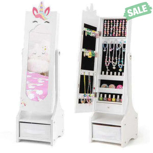 Kids Jewelry Cabinet with Full-Length Mirror for Kids Bedroom and Playroom-Pink Pink Kids Vanities