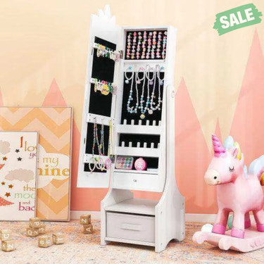 Kids Jewelry Cabinet with Full-Length Mirror for Kids Bedroom and Playroom-White