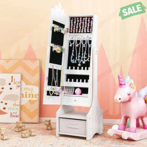 Kids Jewelry Cabinet with Full-Length Mirror for Kids Bedroom and Playroom-White