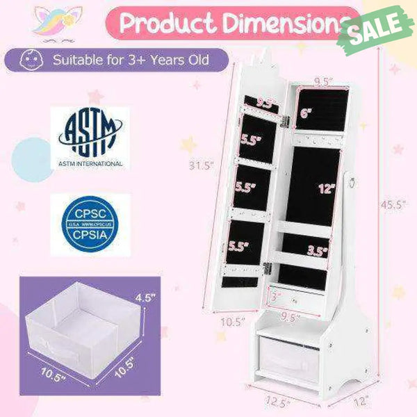 Kids Jewelry Cabinet with Full-Length Mirror for Kids Bedroom and Playroom-White