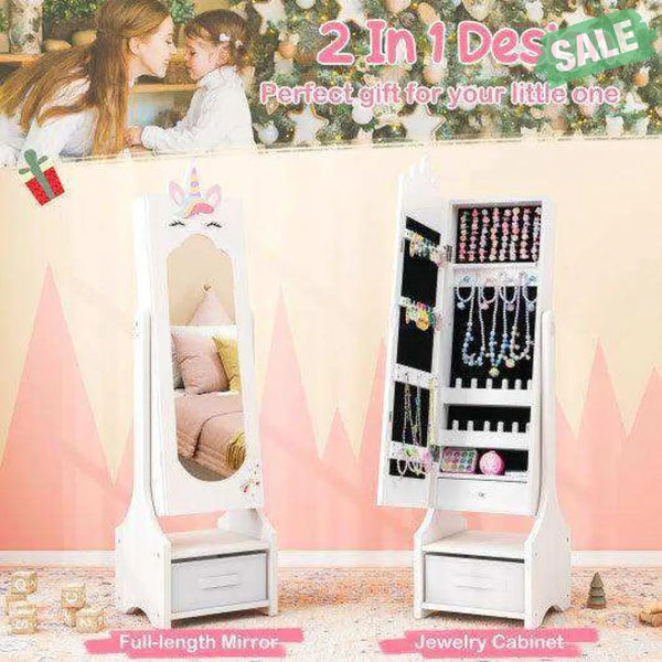 Kids Jewelry Cabinet with Full-Length Mirror for Kids Bedroom and Playroom-White