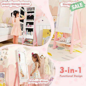 Kids Jewelry Organizer with Full Length Mirror Drawers and Storage Shelves-Pink Pink Kids Vanities