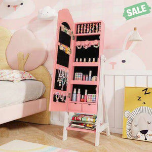Kids Jewelry Organizer with Full Length Mirror Drawers and Storage Shelves-Pink Pink Kids Vanities