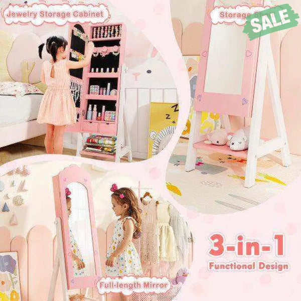 Kids Jewelry Organizer with Full Length Mirror Drawers and Storage Shelves-Pink Pink Kids Vanities