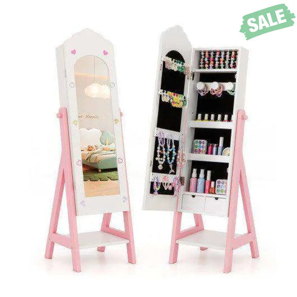 Kids Jewelry Organizer with Full Length Mirror Drawers and Storage Shelves-Pink Pink Kids Vanities