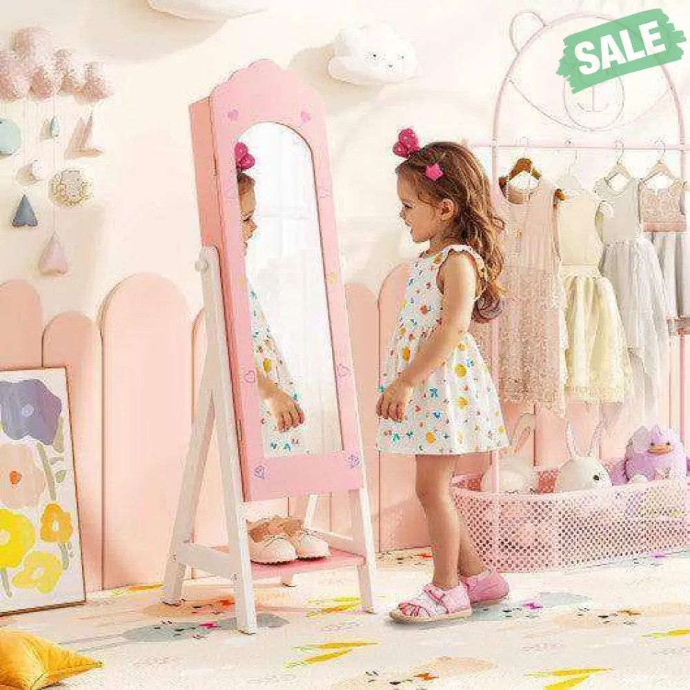 Kids Jewelry Organizer with Full Length Mirror Drawers and Storage Shelves-Pink Pink Kids Vanities