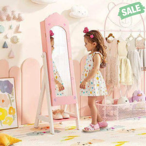 Kids Jewelry Organizer with Full Length Mirror Drawers and Storage Shelves-Pink Pink Kids Vanities