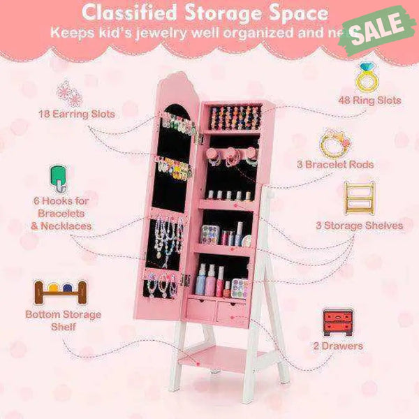 Kids Jewelry Organizer with Full Length Mirror Drawers and Storage Shelves-Pink Pink Kids Vanities
