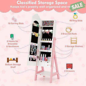Kids Jewelry Organizer with Full Length Mirror Drawers and Storage Shelves-Pink Pink Kids Vanities