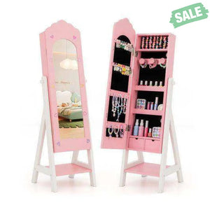 Kids Jewelry Organizer with Full Length Mirror Drawers and Storage Shelves-Pink Pink Kids Vanities
