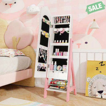 Kids Jewelry Organizer with Full Length Mirror Drawers and Storage Shelves-White