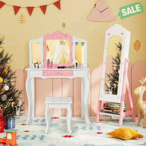 Kids Jewelry Organizer with Full Length Mirror Drawers and Storage Shelves-White