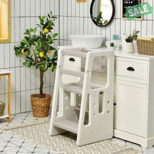 Kids Kitchen Step Stool with Double Safety Rails -Brown Gray Toddler & Kids Furniture