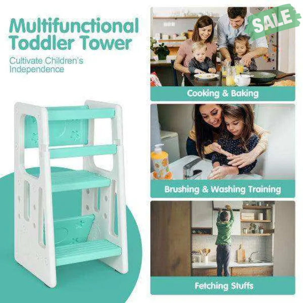 Kids Kitchen Step Stool with Double Safety Rails -Brown Green Toddler & Kids Furniture