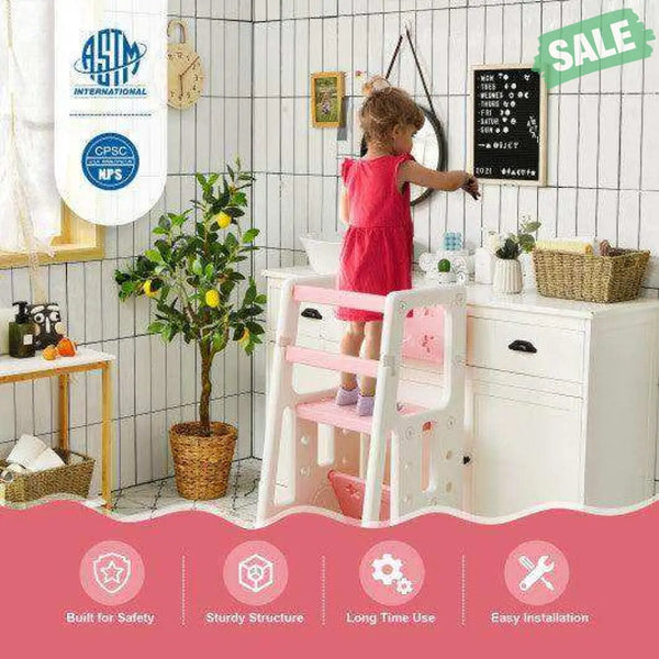 Kids Kitchen Step Stool with Double Safety Rails -Brown Pink Toddler & Kids Furniture