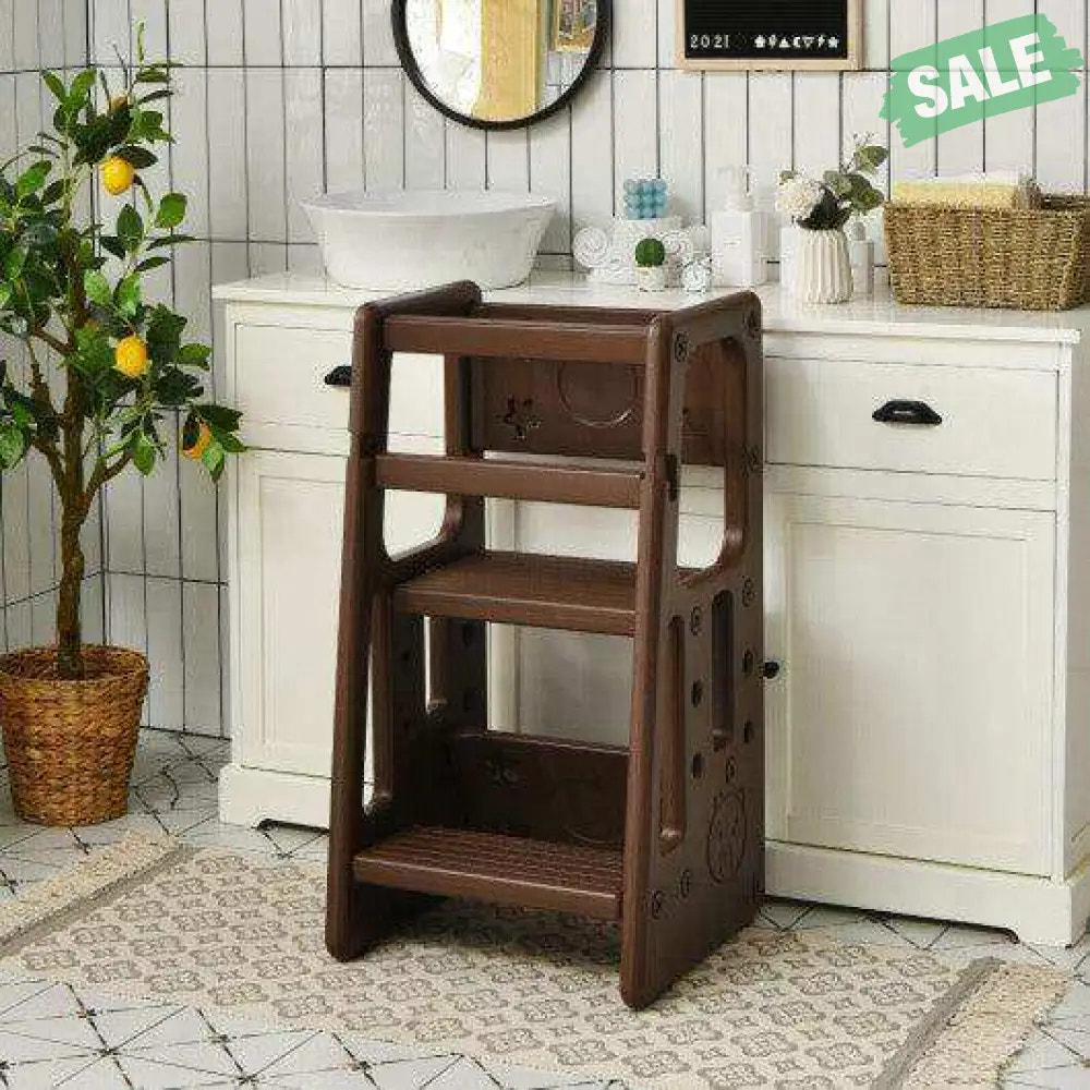 Kids Kitchen Step Stool with Double Safety Rails -Brown Toddler & Kids Furniture