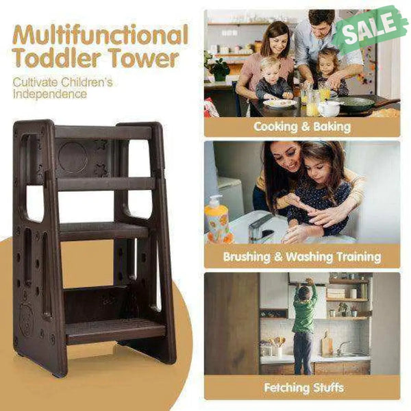 Kids Kitchen Step Stool with Double Safety Rails -Brown Brown Toddler & Kids Furniture