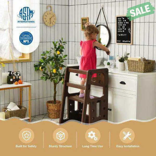 Kids Kitchen Step Stool with Double Safety Rails -Brown Toddler & Kids Furniture