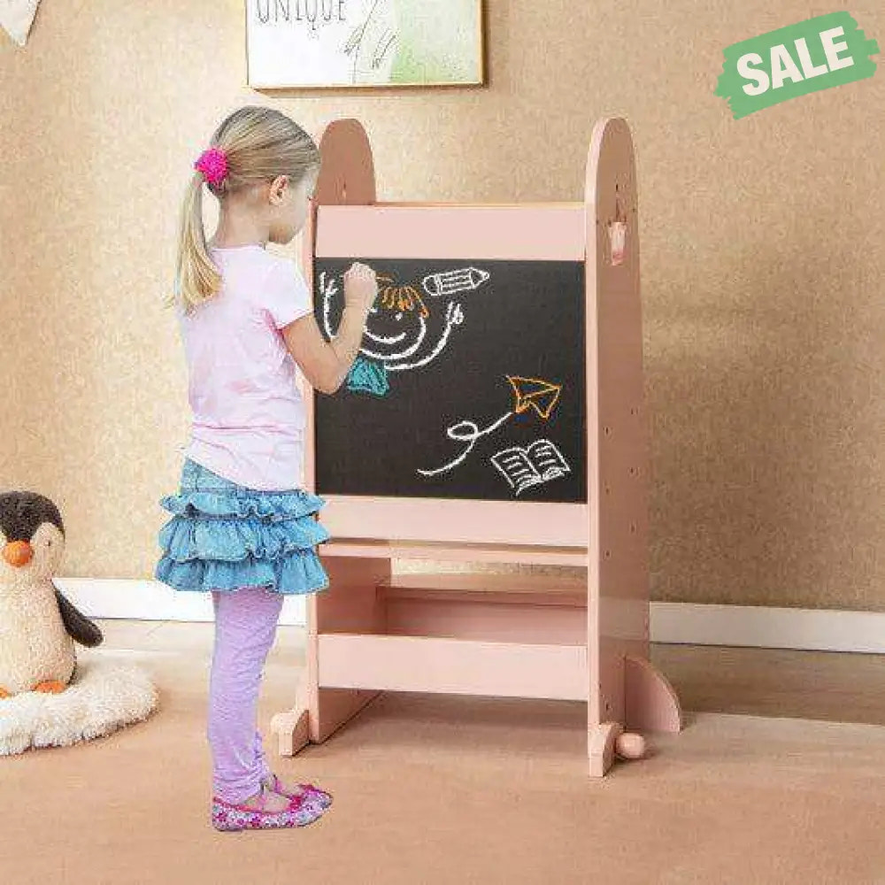 Kids Kitchen Tower Adjustable with Chalkboard and Safety Rail-Pink Pink Toddler & Kids Furniture