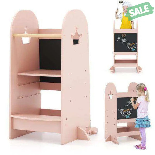Kids Kitchen Tower Adjustable with Chalkboard and Safety Rail-Pink Pink Toddler & Kids Furniture