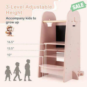 Kids Kitchen Tower Adjustable with Chalkboard and Safety Rail-Pink Pink Toddler & Kids Furniture