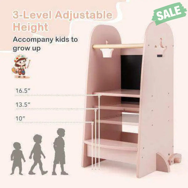 Kids Kitchen Tower Adjustable with Chalkboard and Safety Rail-Pink Pink Toddler & Kids Furniture