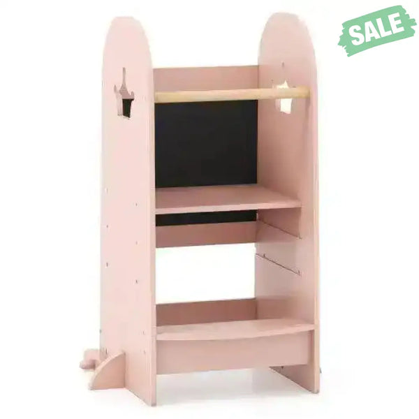 Kids Kitchen Tower Adjustable with Chalkboard and Safety Rail-Pink Pink Toddler & Kids Furniture