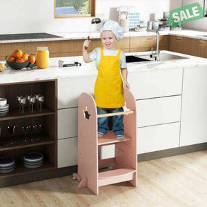 Kids Kitchen Tower Adjustable with Chalkboard and Safety Rail-Pink Pink Toddler & Kids Furniture
