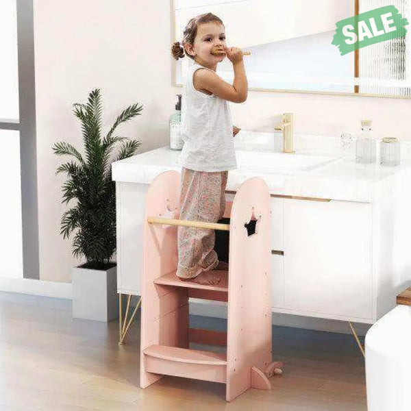 Kids Kitchen Tower Adjustable with Chalkboard and Safety Rail-Pink Pink Toddler & Kids Furniture