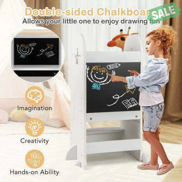 Kids Kitchen Tower Adjustable with Chalkboard and Safety Rail-Pink Pink Toddler & Kids Furniture