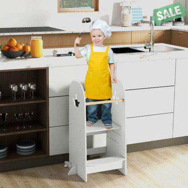 Kids Kitchen Tower Adjustable with Chalkboard and Safety Rail-White