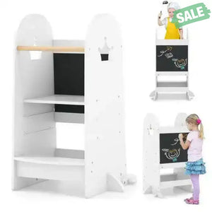 Kids Kitchen Tower Adjustable with Chalkboard and Safety Rail-White