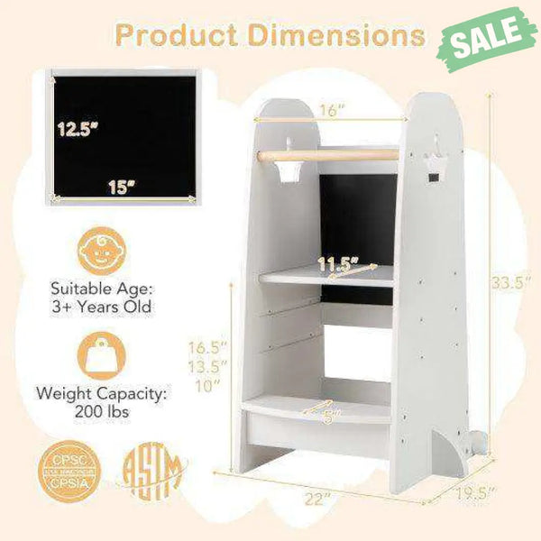 Kids Kitchen Tower Adjustable with Chalkboard and Safety Rail-White