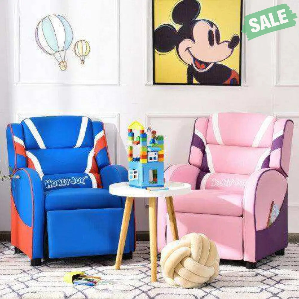 Kids Leather Recliner Chair with Side Pockets-Pink Pink Kids Chairs & Seating