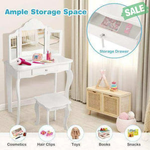 Kids Makeup Dressing Mirror Vanity Table Stool Set White Kids Vanities