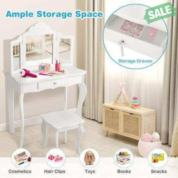 Kids Makeup Dressing Mirror Vanity Table Stool Set White Kids Vanities