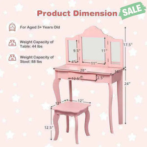 Kids Makeup Dressing Mirror Vanity Table Stool Set White Kids Vanities